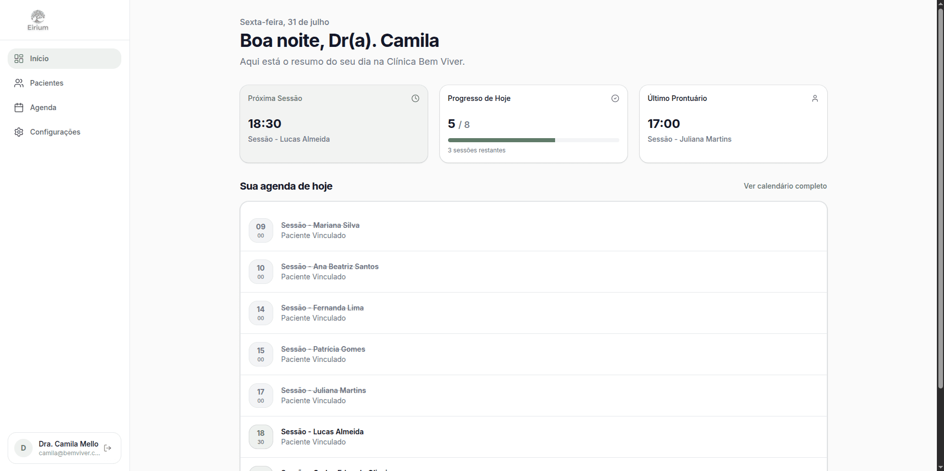 Dashboard do sistema Eirium para psicólogos